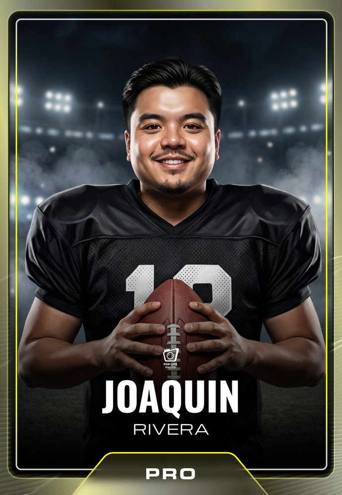 Football Trading Card sample, front: the guest painted as a football player holding a trophy, with their name and tier