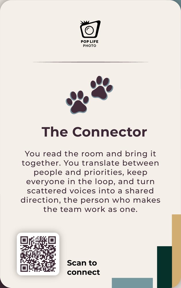 Companion Portrait sample card, back: the superpower and what it means, and a QR to scan to connect