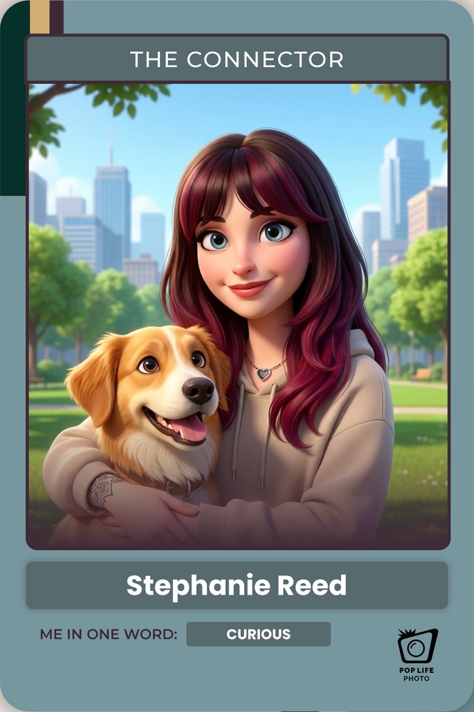 Companion Portrait sample card, front: the guest as an animated character with their companion, their superpower as the title, their name and themselves in one word