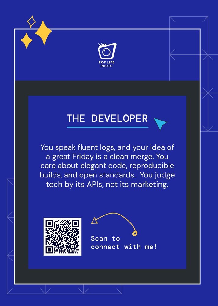 Tech Persona sample card, back: the persona, a QR to the card and the Share Contact prompt