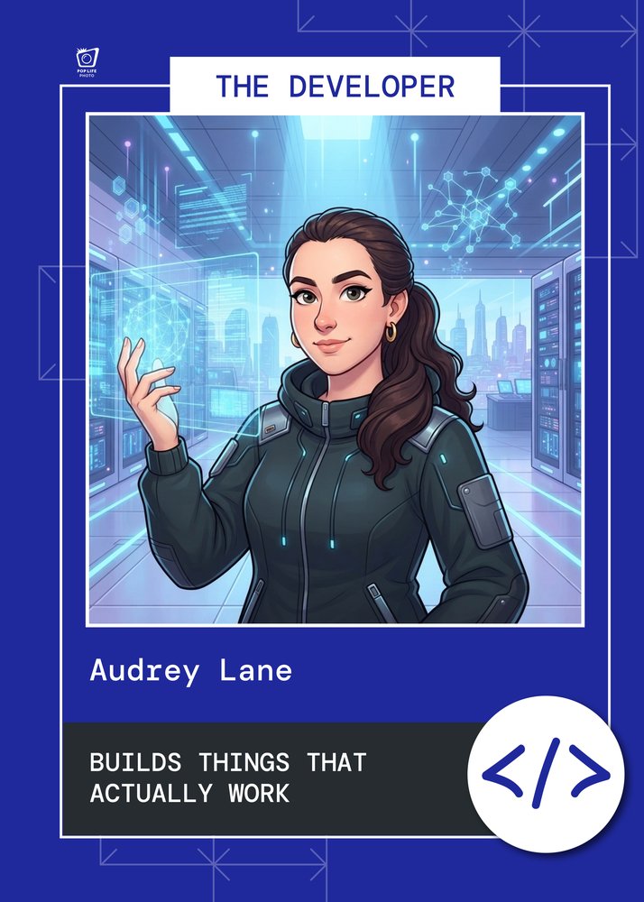 Tech Persona sample card, front: the guest as a cartoon persona with their name