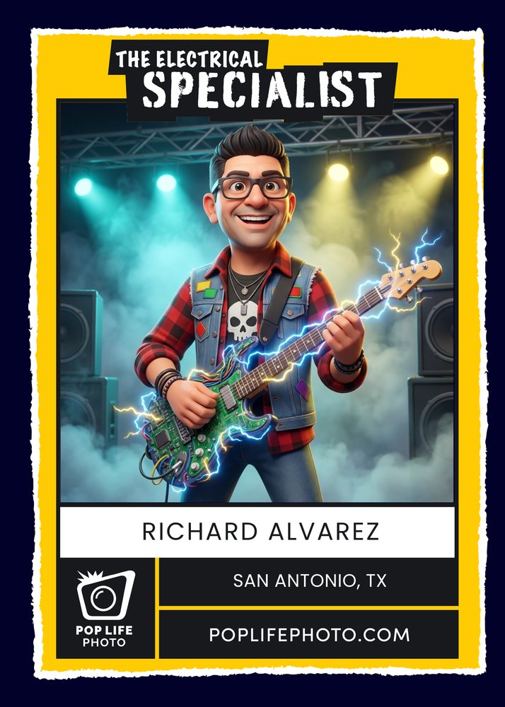 Rockstar Trading Card sample, front: the guest as a 3D rockstar on stage with their name